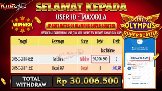 Pembayaran Jackpot Gates Of Olympus Super Scatter Rp. 30.006.500,- LUNAS !!